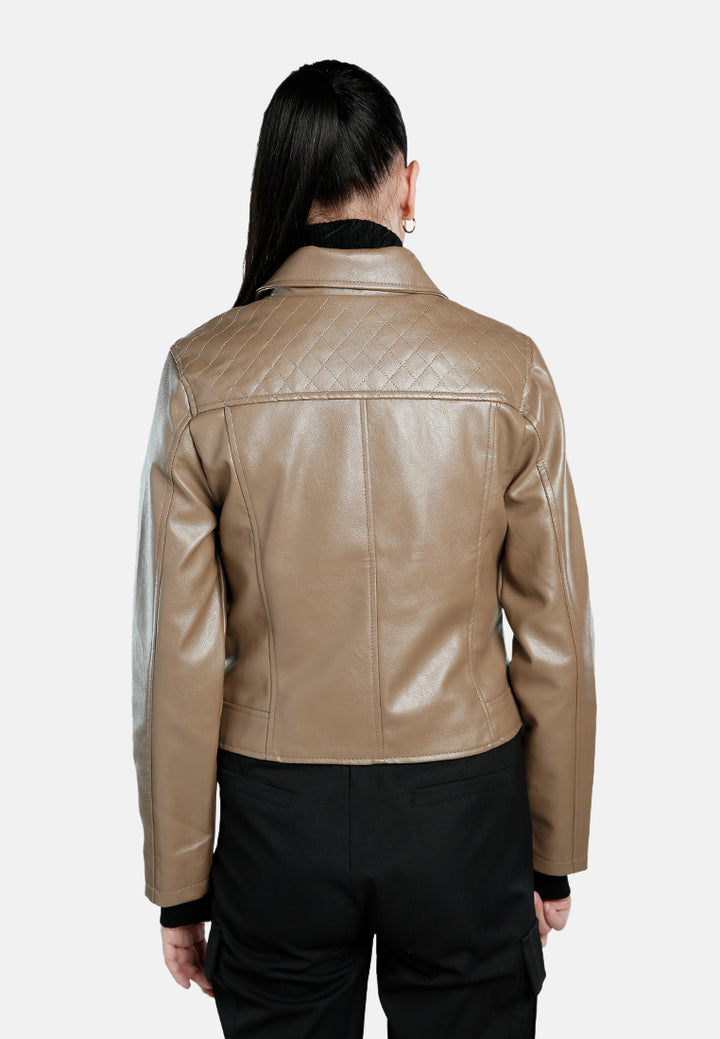 faux leather collared biker jacket#color_coffee
