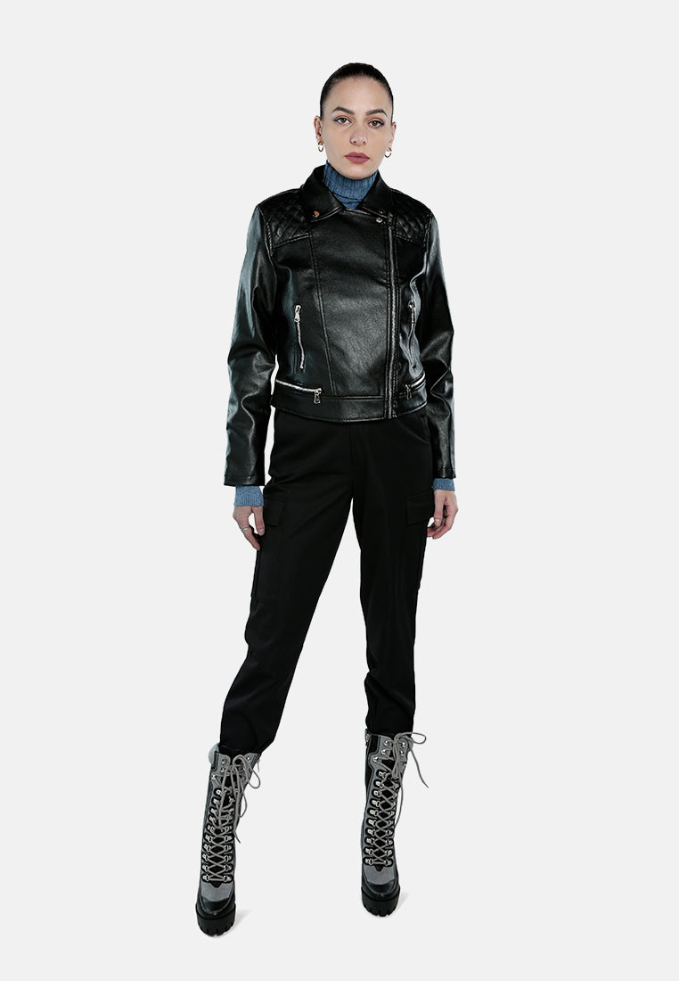 faux leather collared biker jacket#color_black