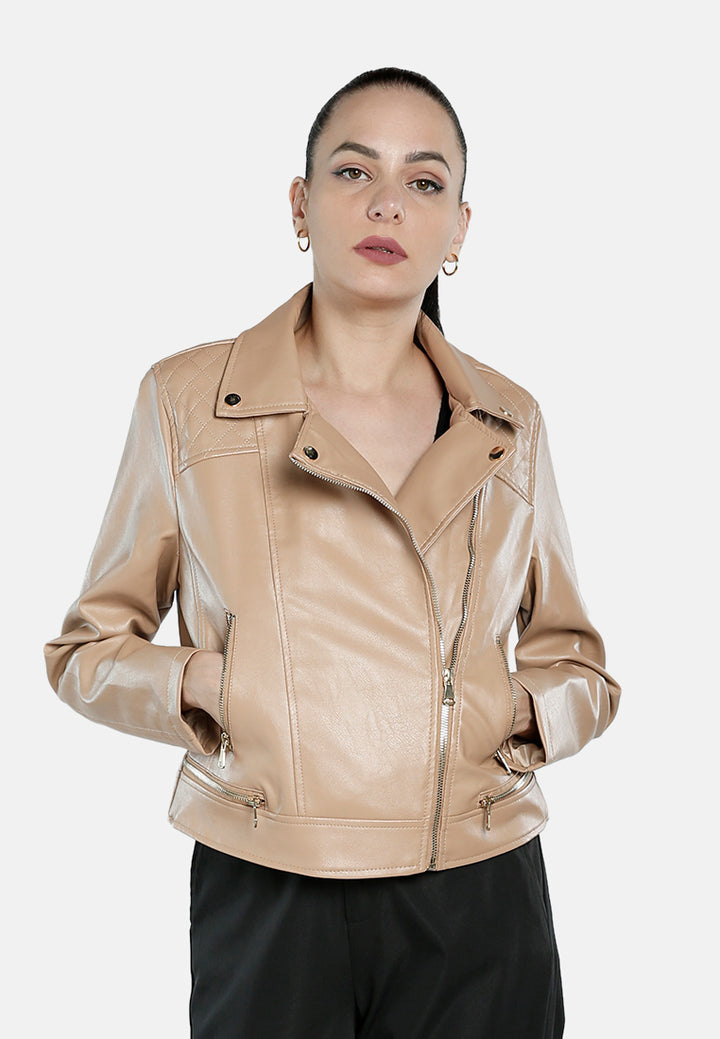faux leather collared biker jacket#color_taupe