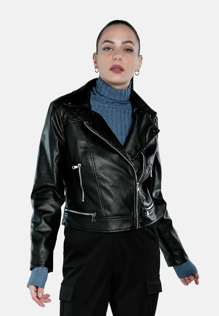 faux leather collared biker jacket#color_black