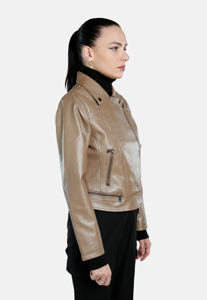 faux leather collared biker jacket#color_coffee