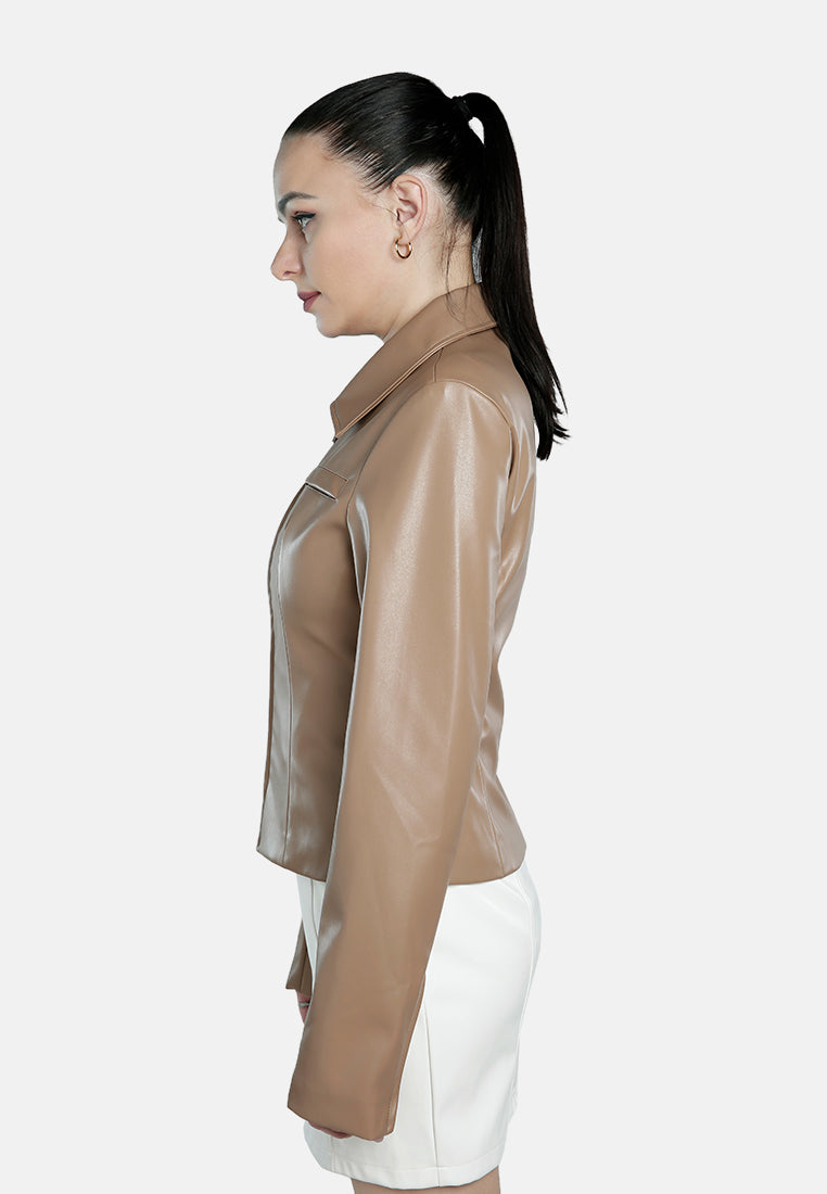 faux leather collared jacket#color_mushroom