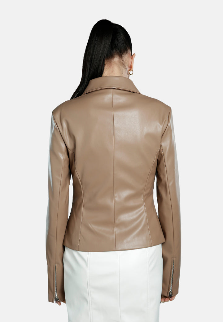 faux leather collared jacket#color_mushroom