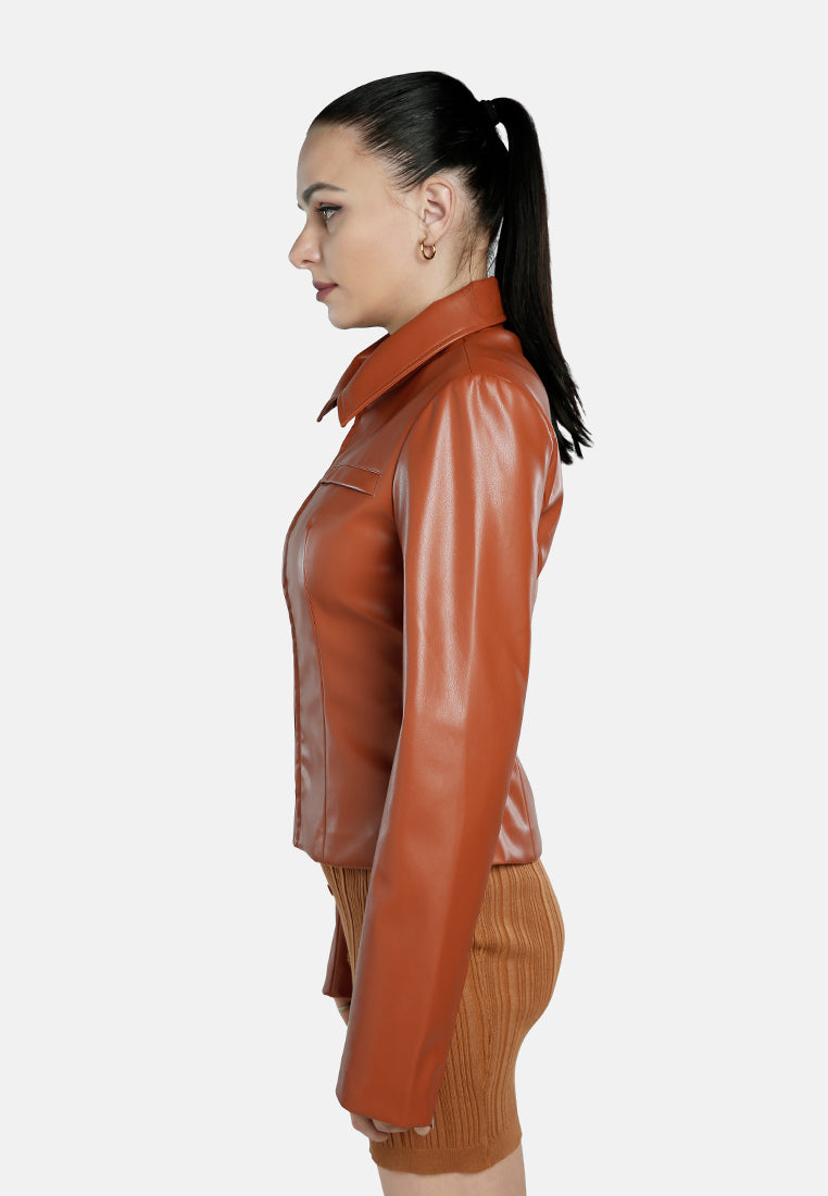 faux leather collared jacket#color_tan