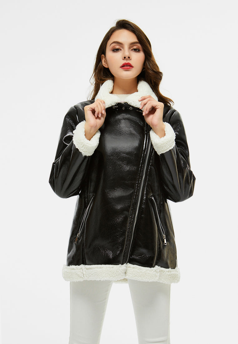 faux leather fur lined jacket#color_black
