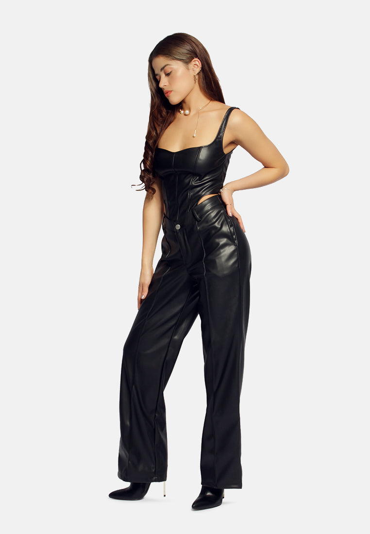 faux leather long corset top#color_black