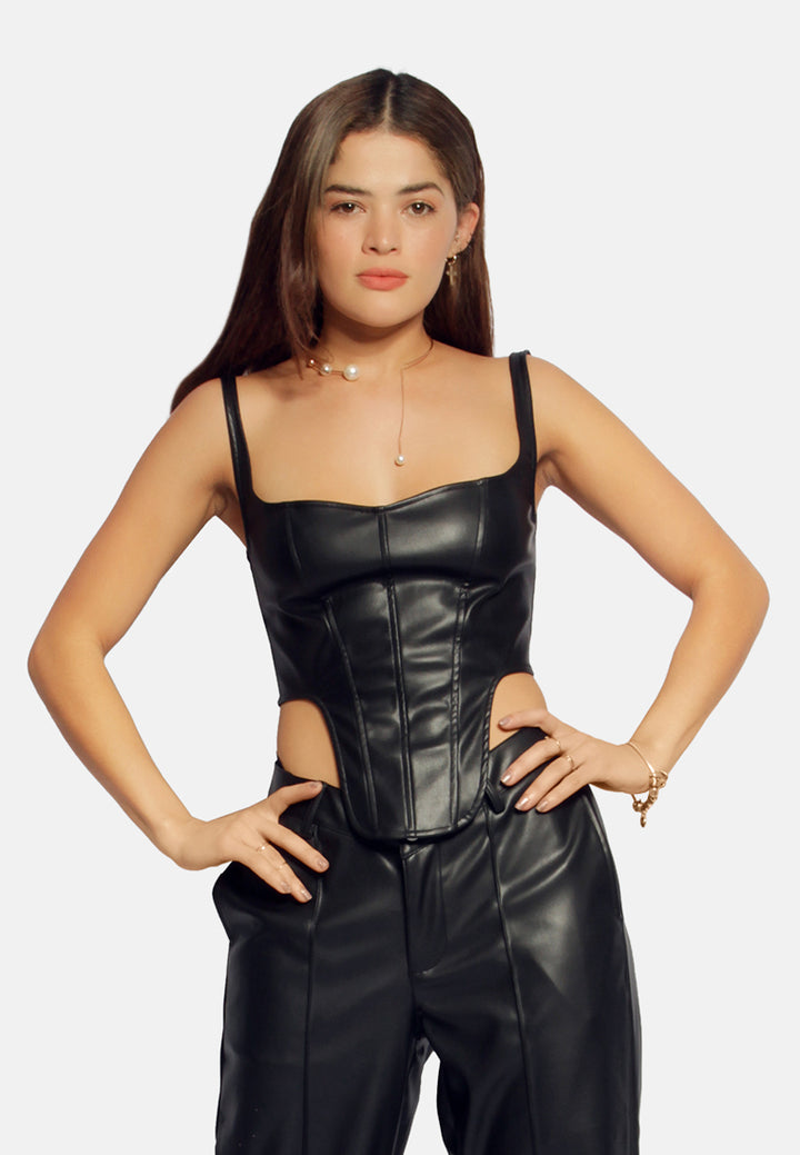 faux leather long corset top#color_black