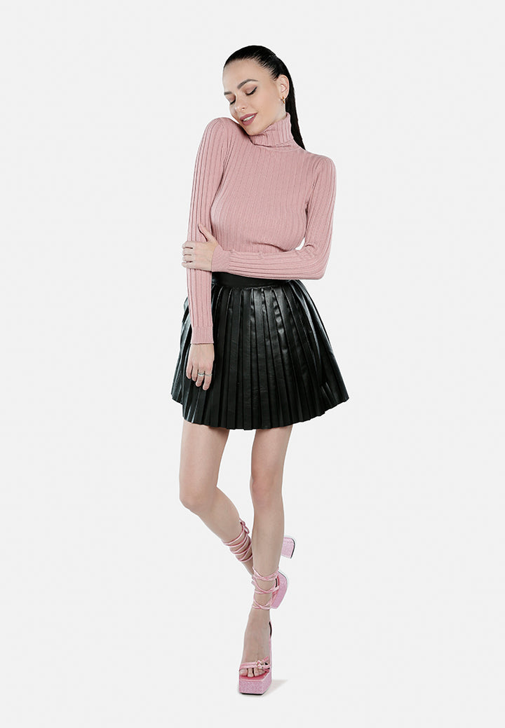 faux leather pleated mini skirt#color_black