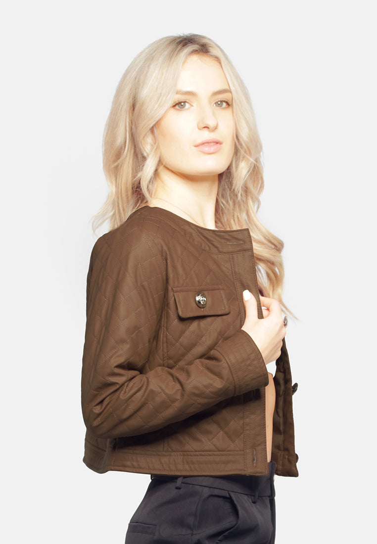 faux leather quilted jacket#color_brown