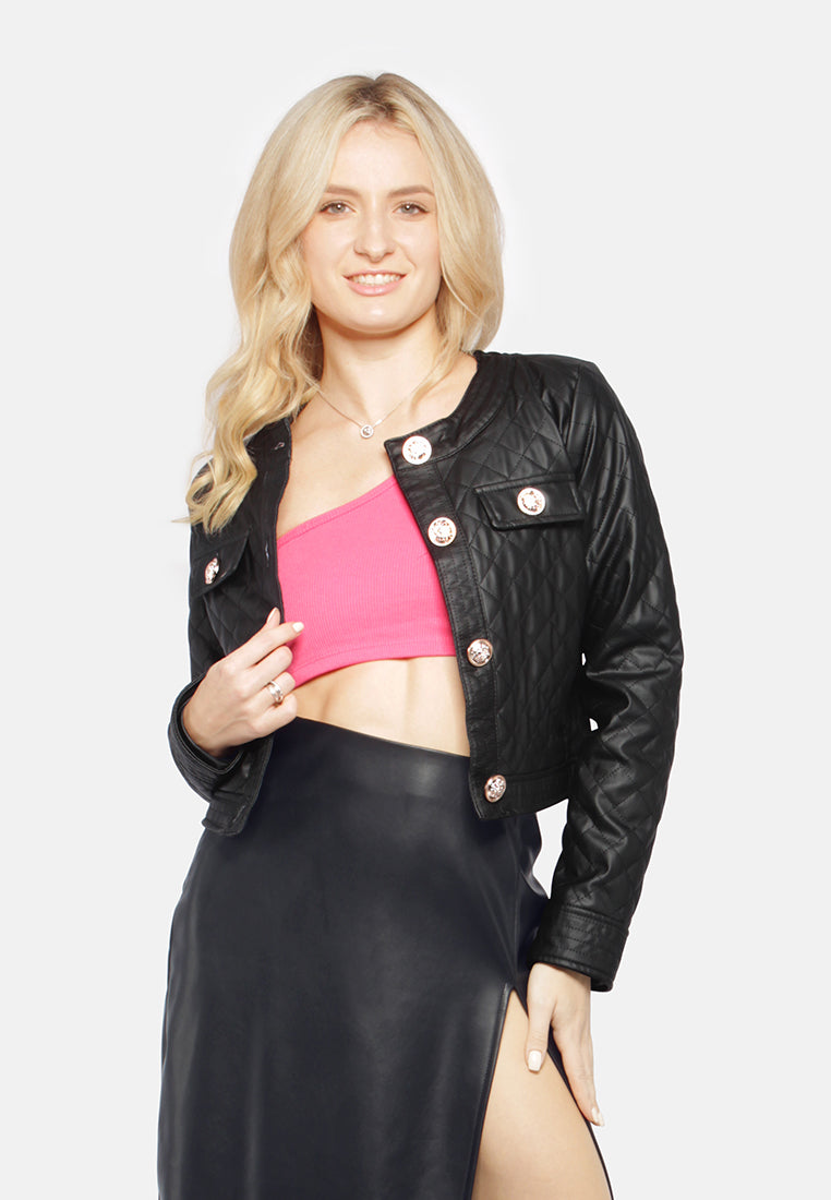 faux leather quilted jacket#color_black