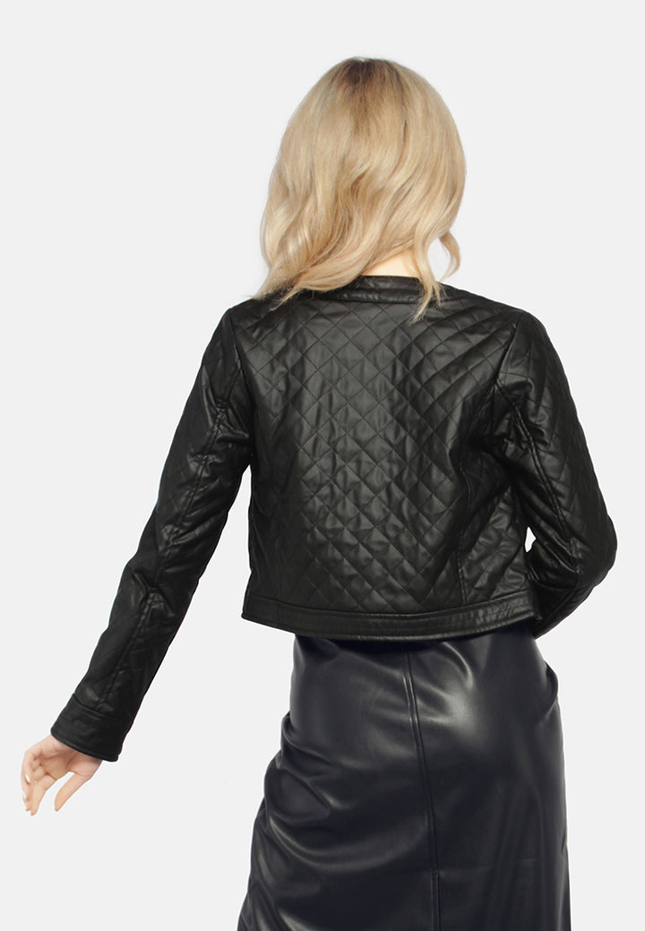 faux leather quilted jacket#color_black