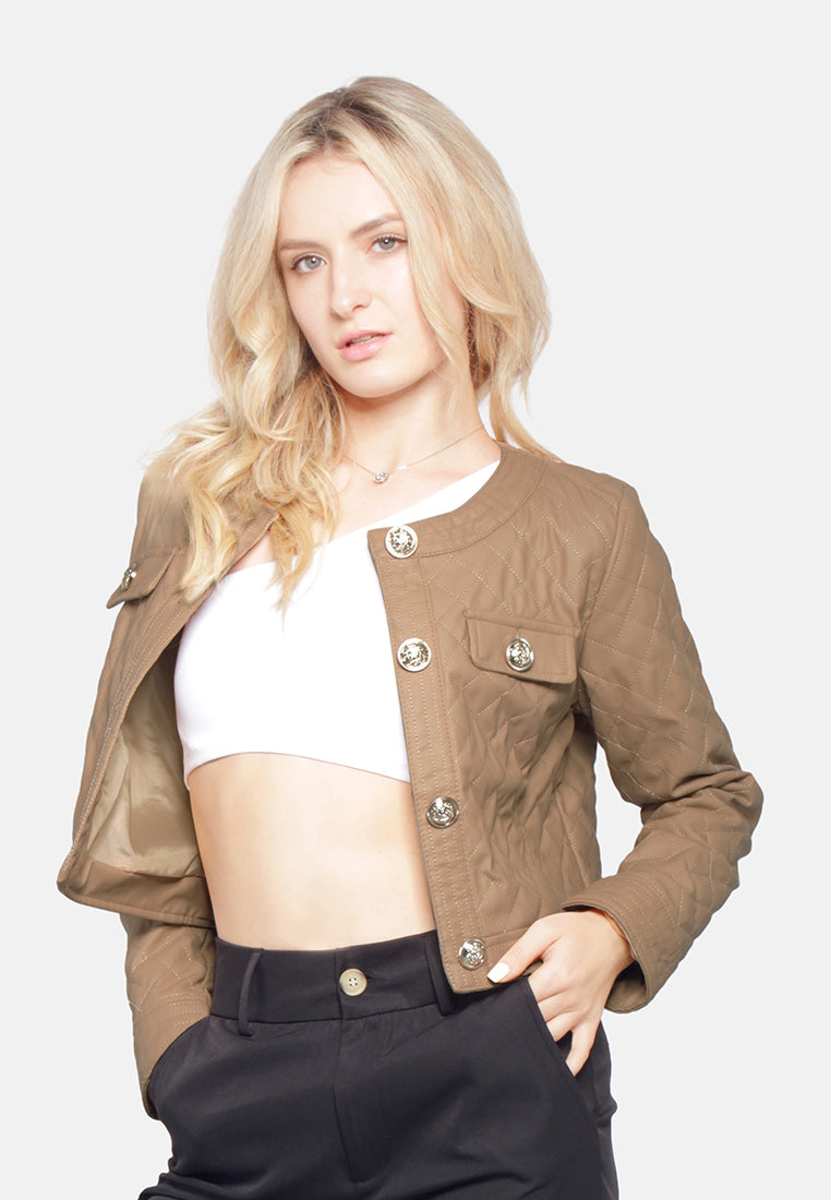 faux leather quilted jacket#color_taupe