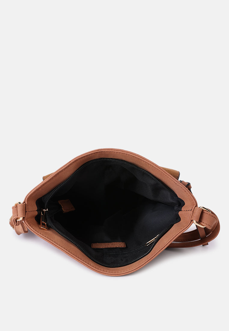 faux leather sling bag#color_brown