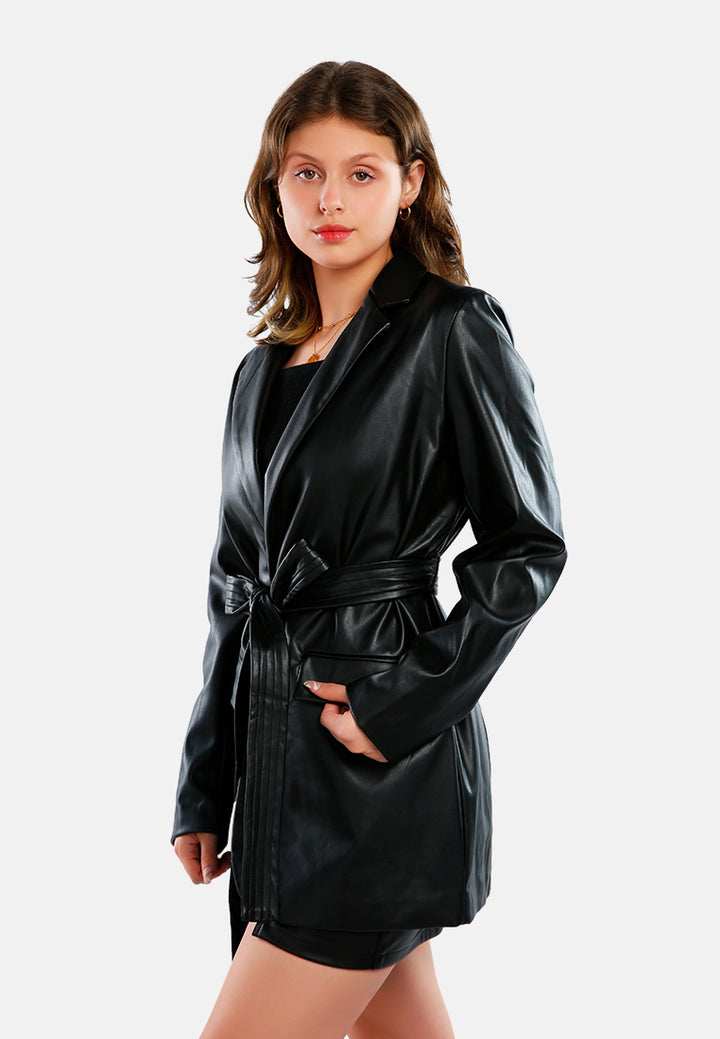faux leather wrap around coat#color_black