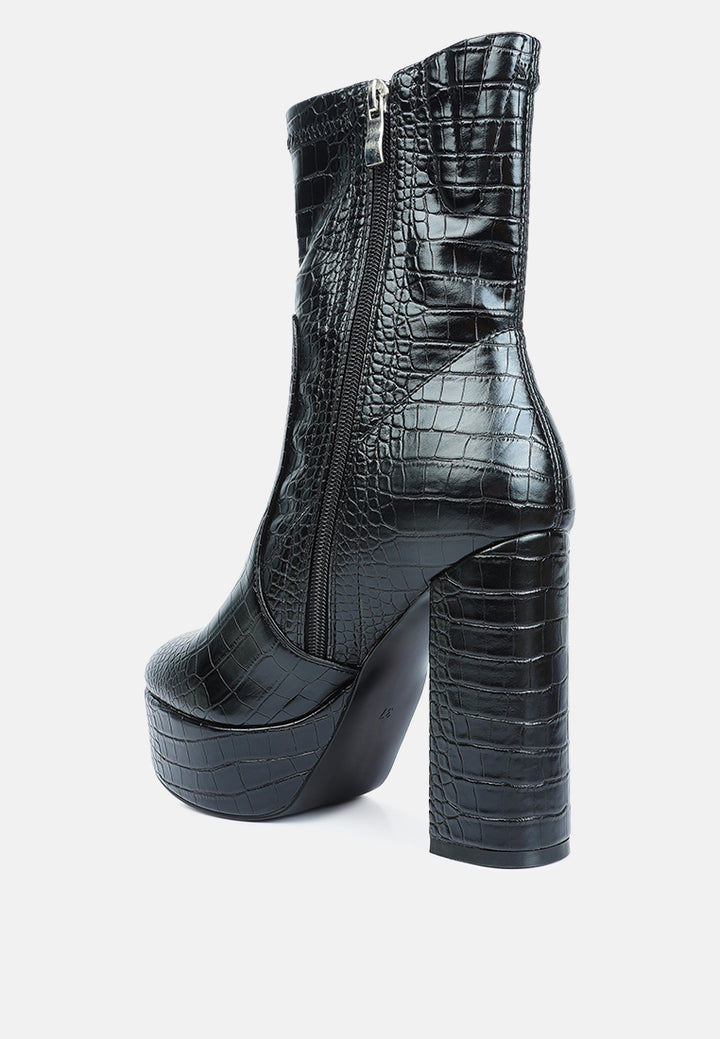 feral high heeled croc pattern ankle boot#color_black