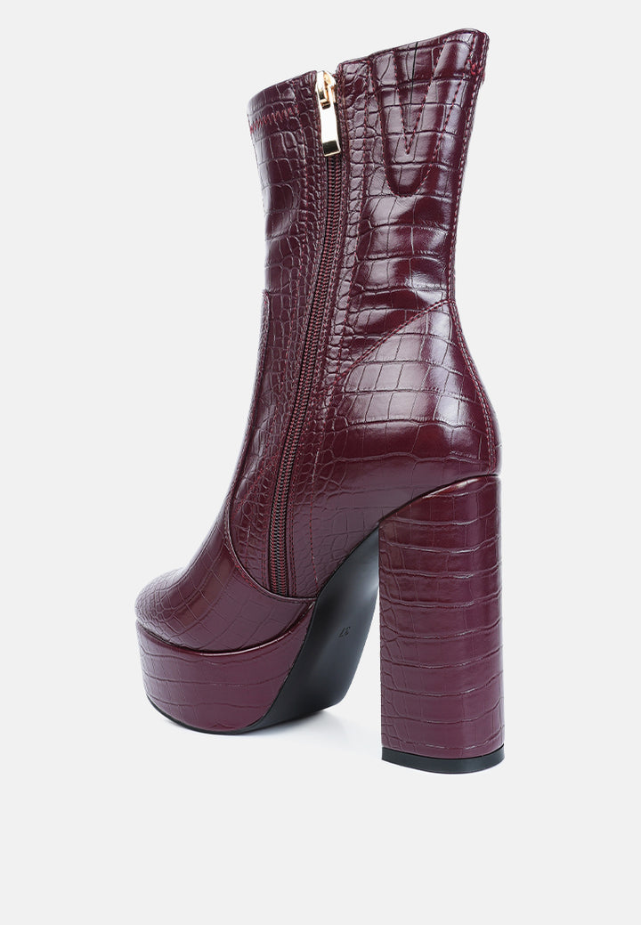 feral high heeled croc pattern ankle boot#color_burgundy