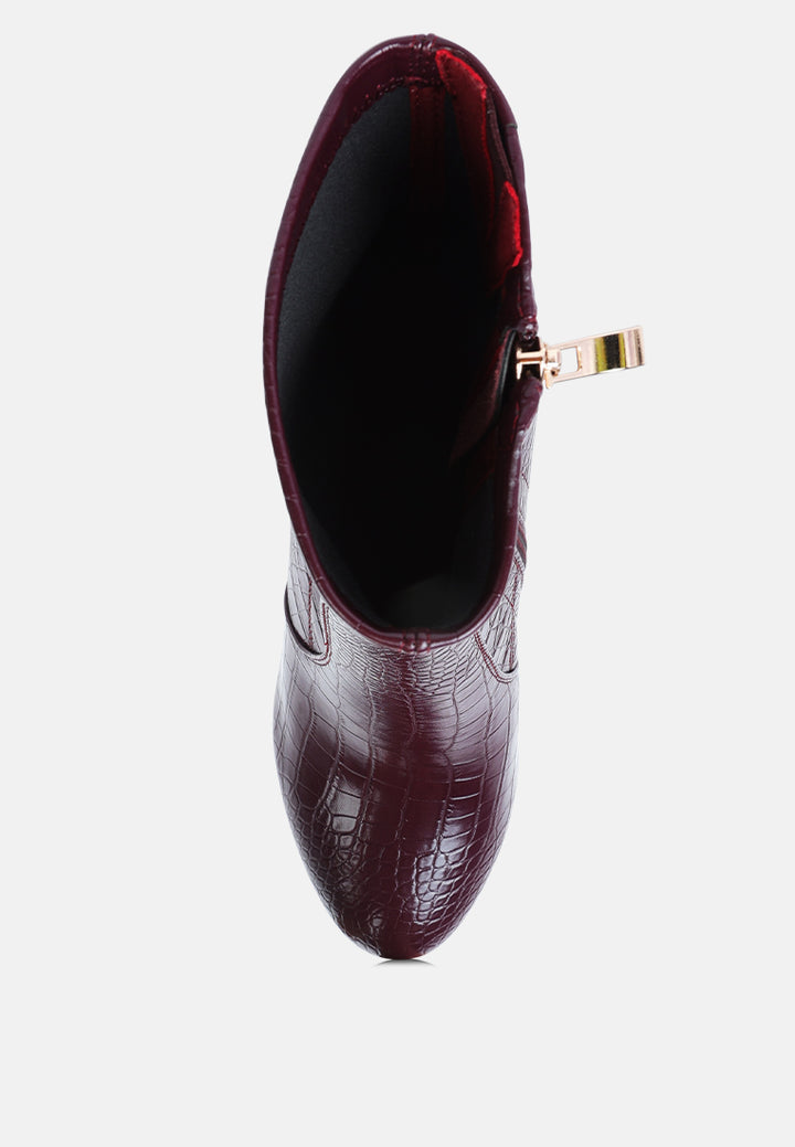feral high heeled croc pattern ankle boot#color_burgundy
