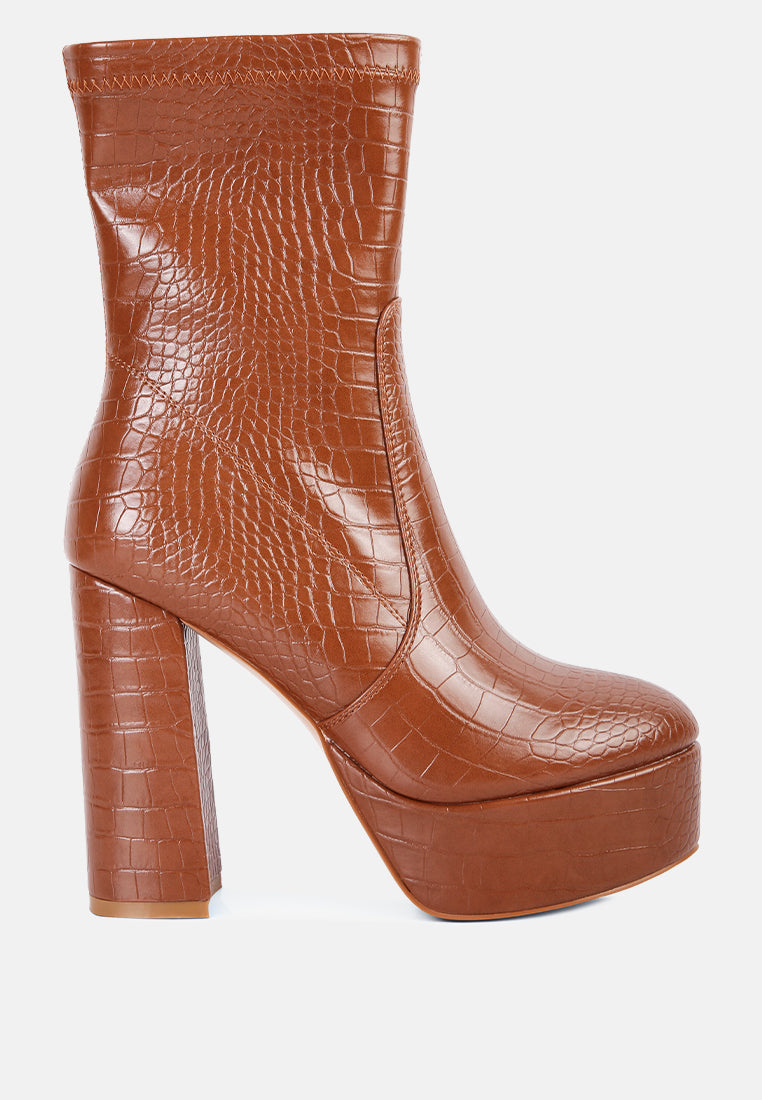 feral high heeled croc pattern ankle boot#color_tan