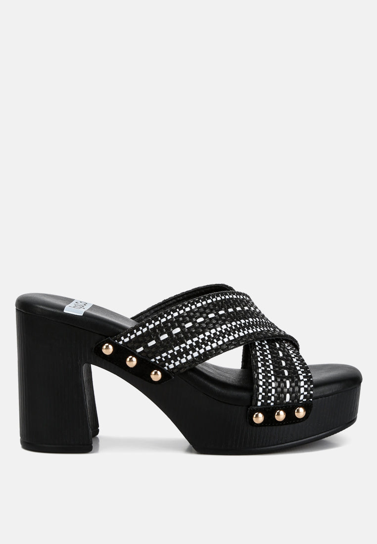 finley raffia high block heel clogs#color_black