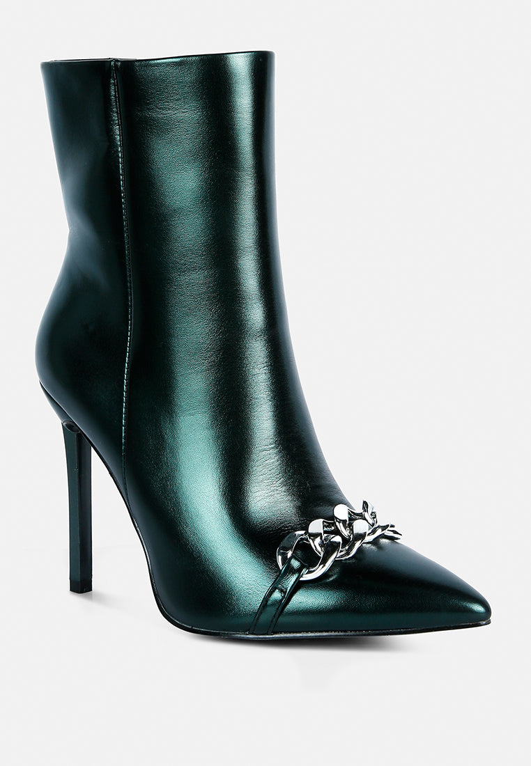 firefly metallic chain embellished stiletto ankle boots#color_green
