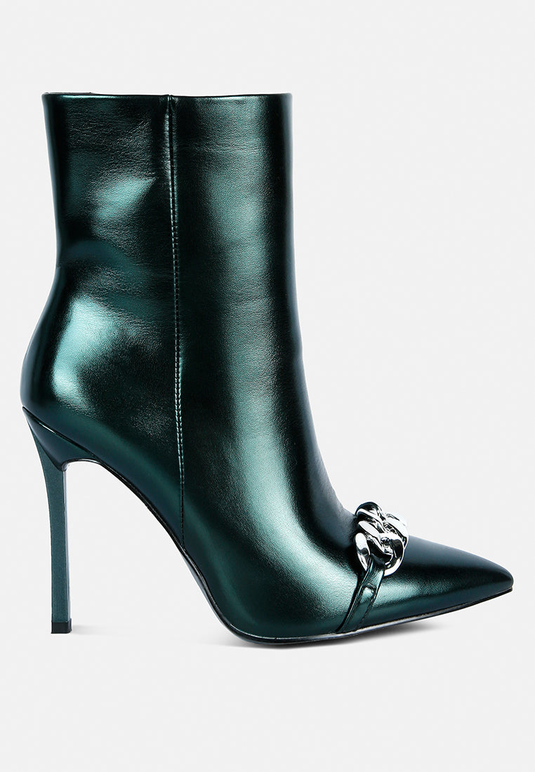 firefly metallic chain embellished stiletto ankle boots#color_green