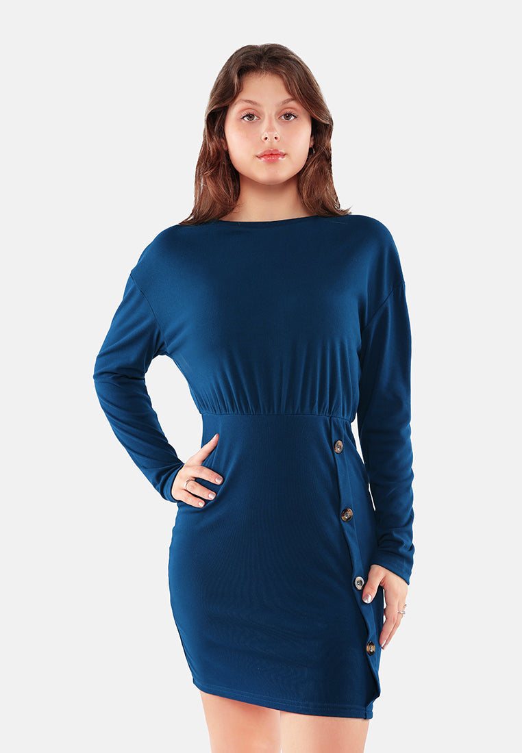 fitted button detail bodycon dress#color_blue