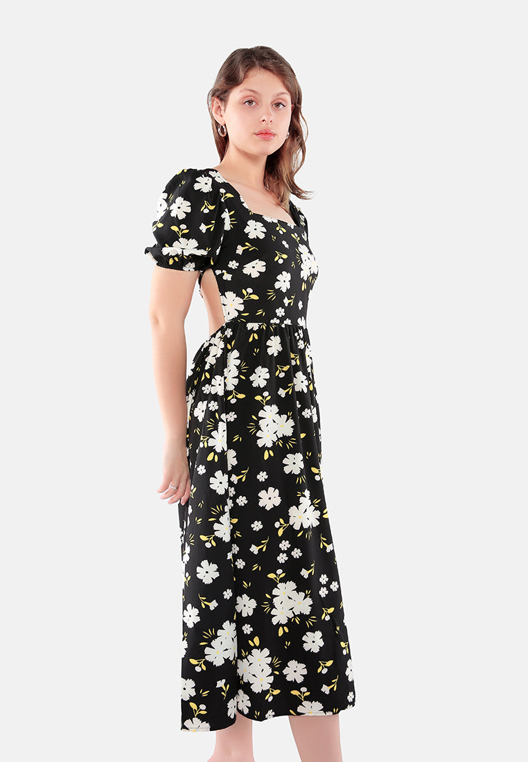 floral puff sleeves open back dress#color_black