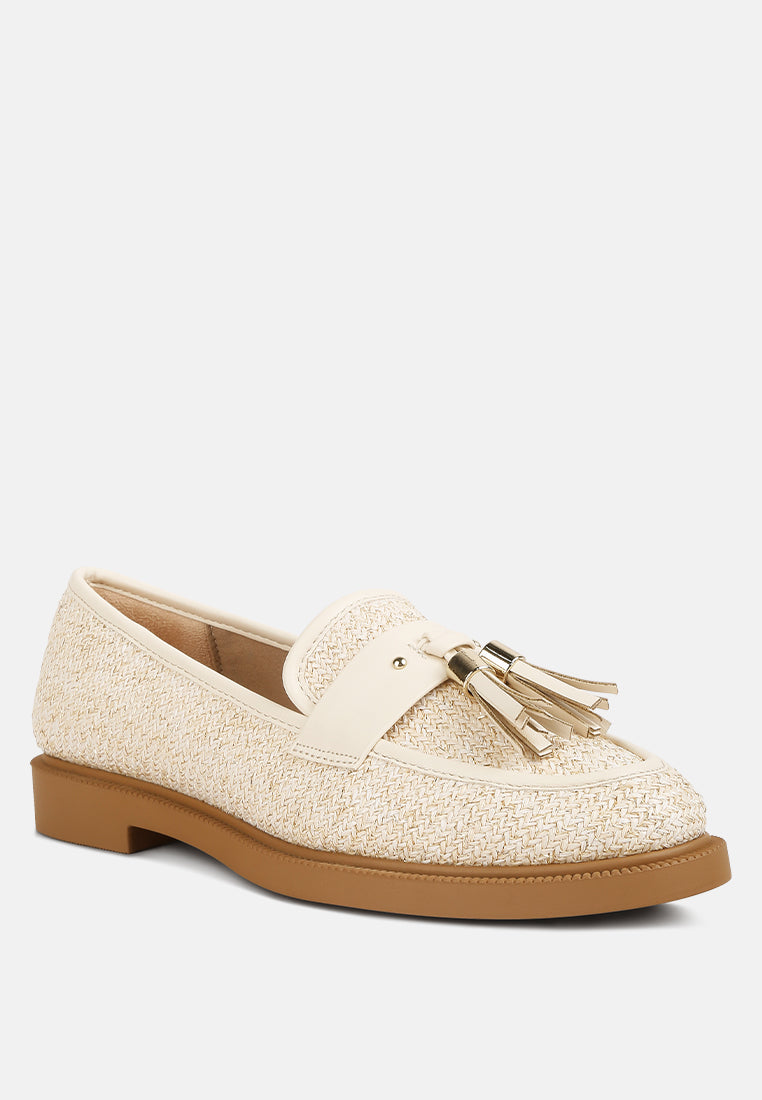 tassle detail raffia loafers by mode#color_cream