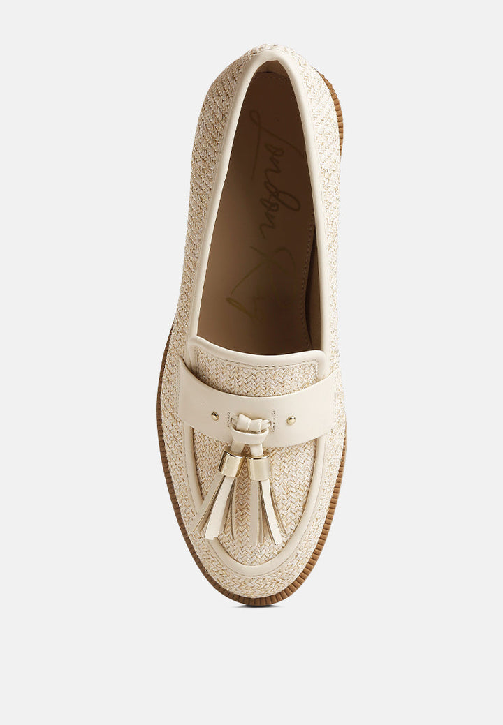 tassle detail raffia loafers by mode#color_cream