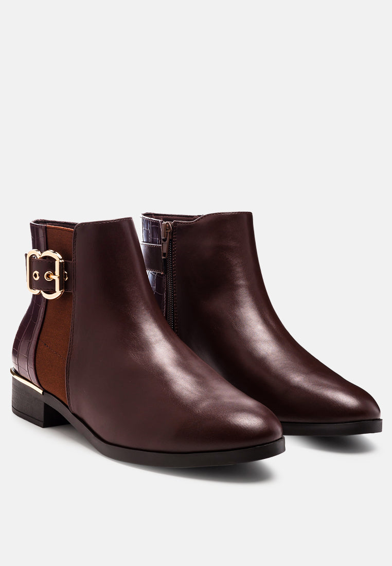 frothy buckled ankle boots with croc detail#color_brown