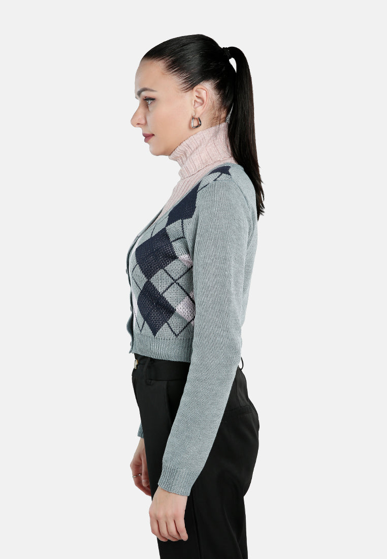 full sleeve argyle checks cardigan#color_grey