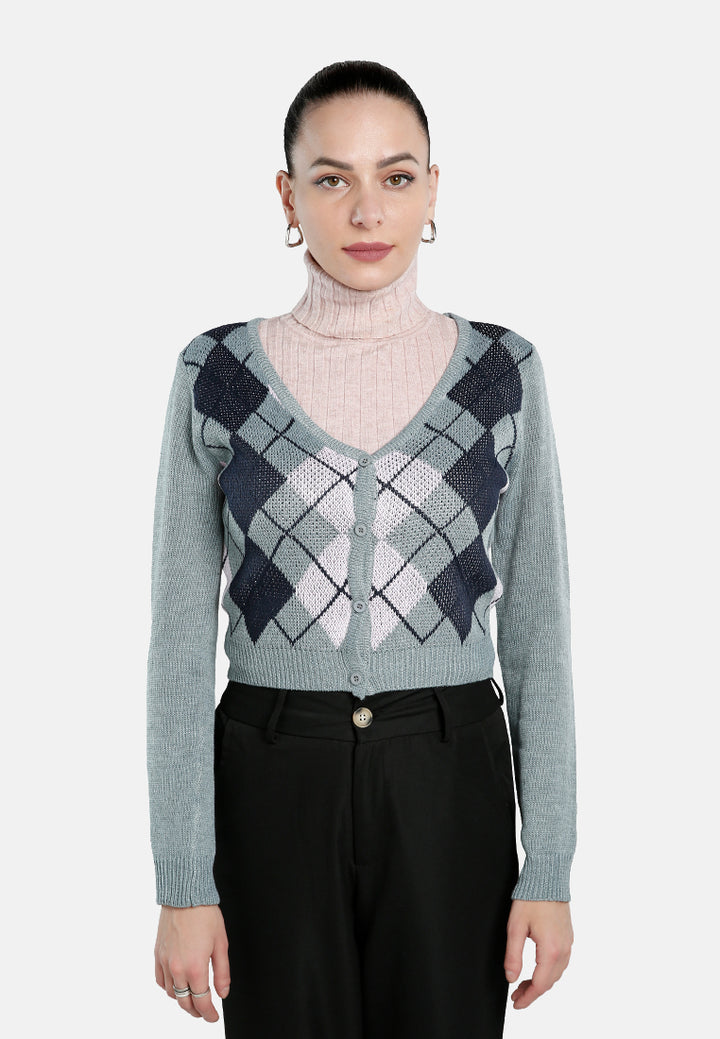 full sleeve argyle checks cardigan#color_grey