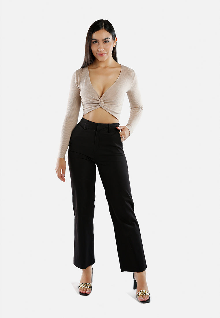 full sleeve knot twist crop top#color_taupe