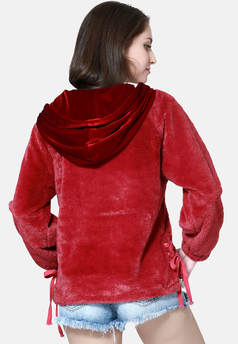 fur hoodie with kangaroo pockets#color_burgundy