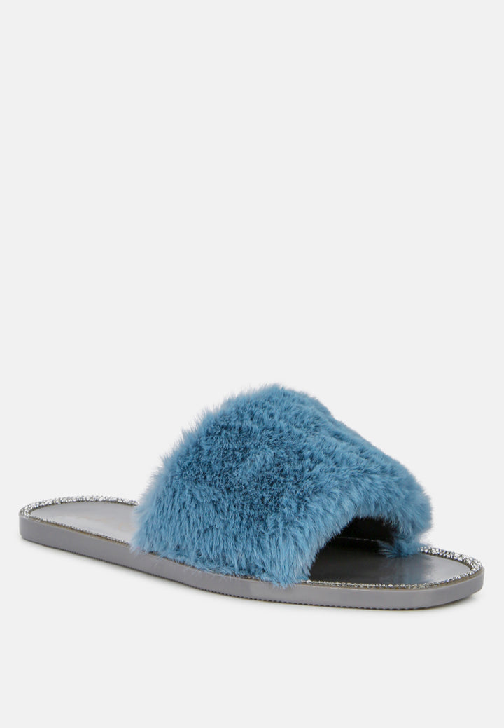 geese faux fur diamante detail jelly flats#color_grey
