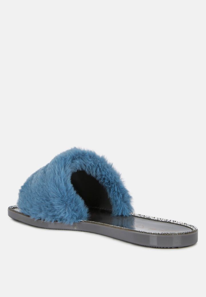 geese faux fur diamante detail jelly flats#color_grey