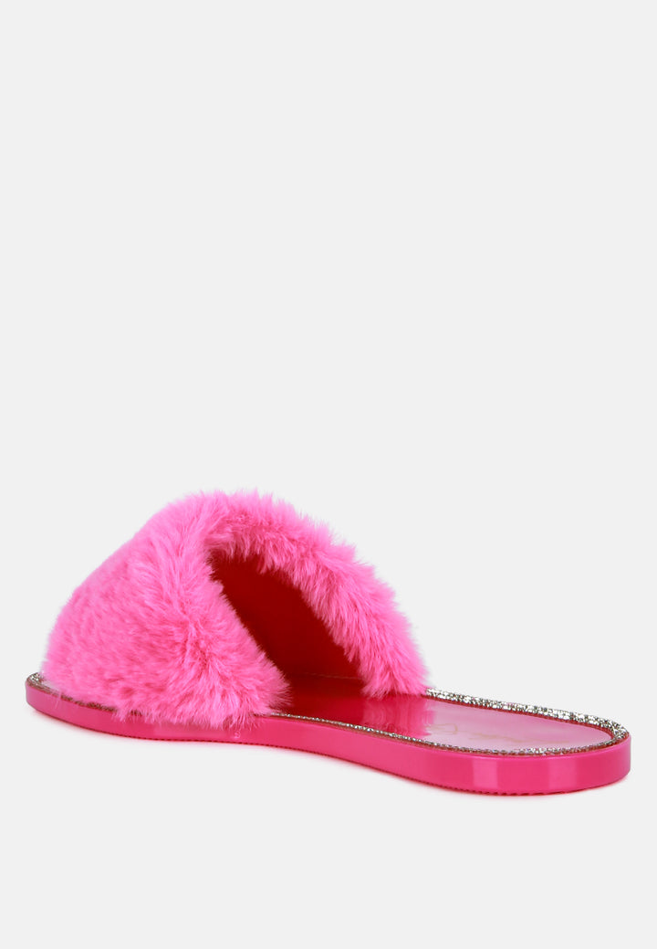 geese faux fur diamante detail jelly flats#color_pink