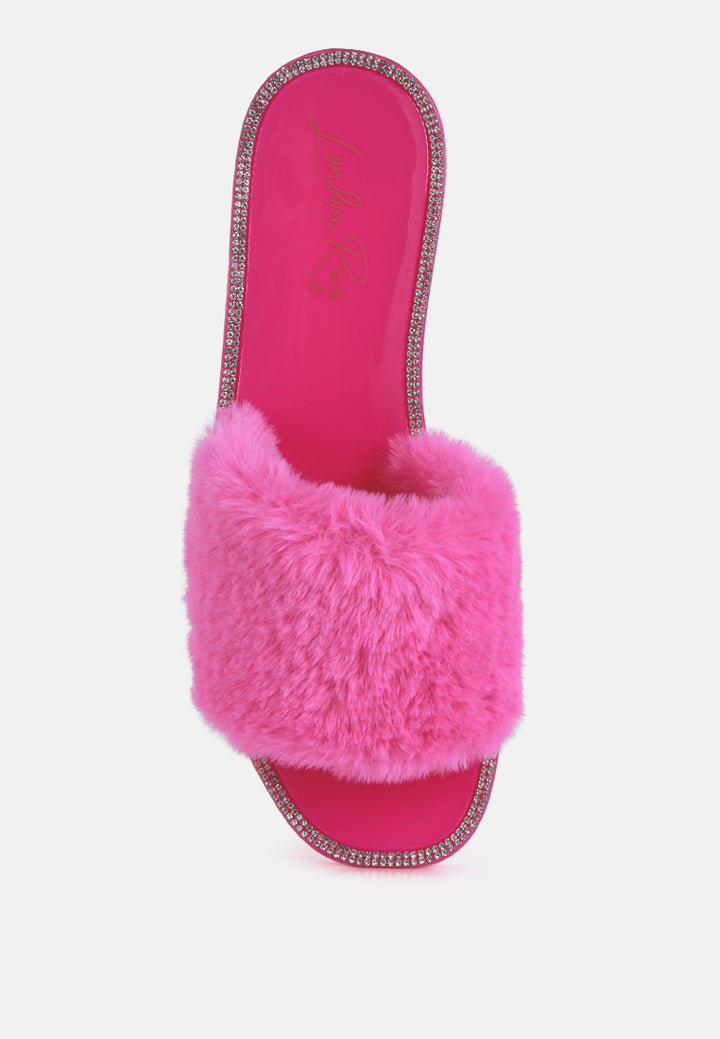 geese faux fur diamante detail jelly flats#color_pink