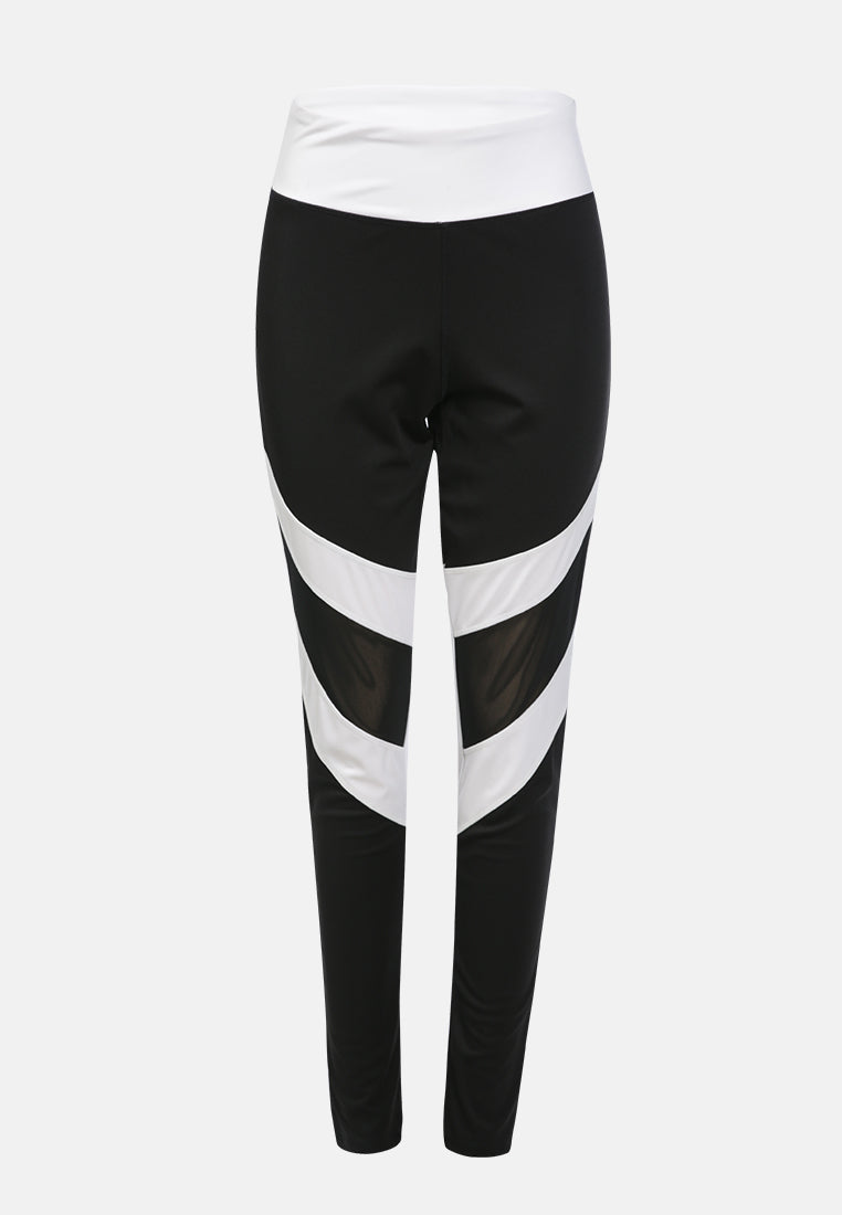 geometric paneled mesh yoga leggings#color_black