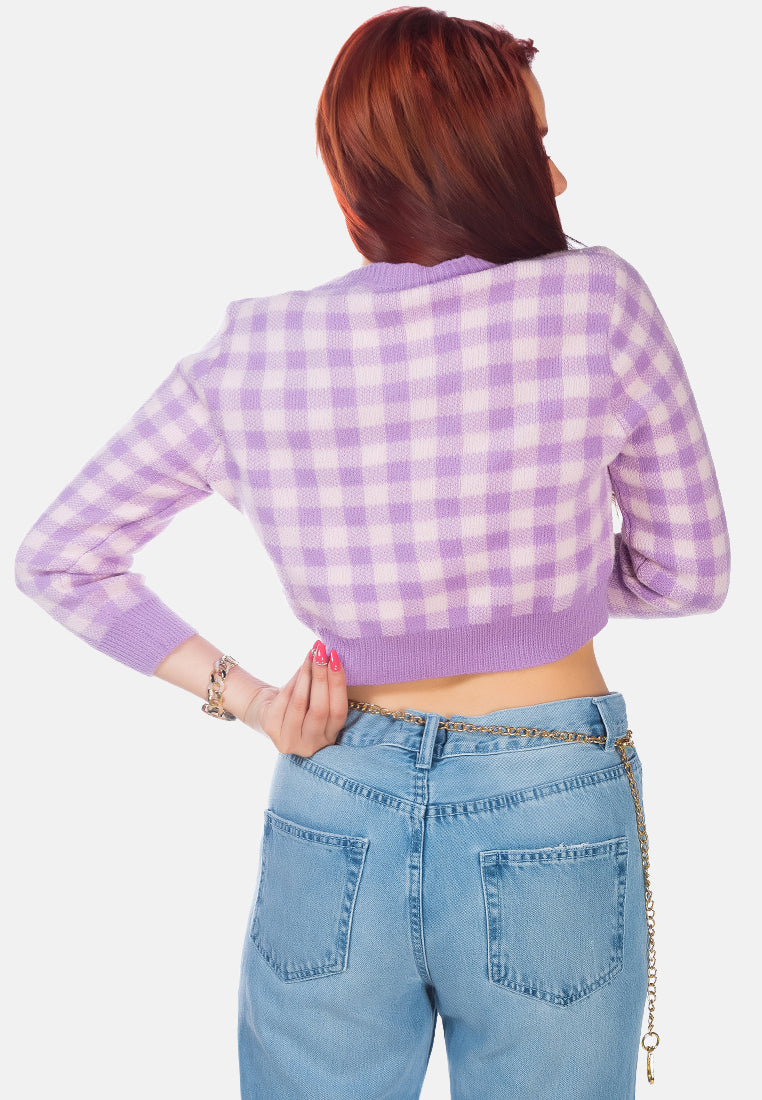 gingham checks full sleeve cropped cardigan#color_purple