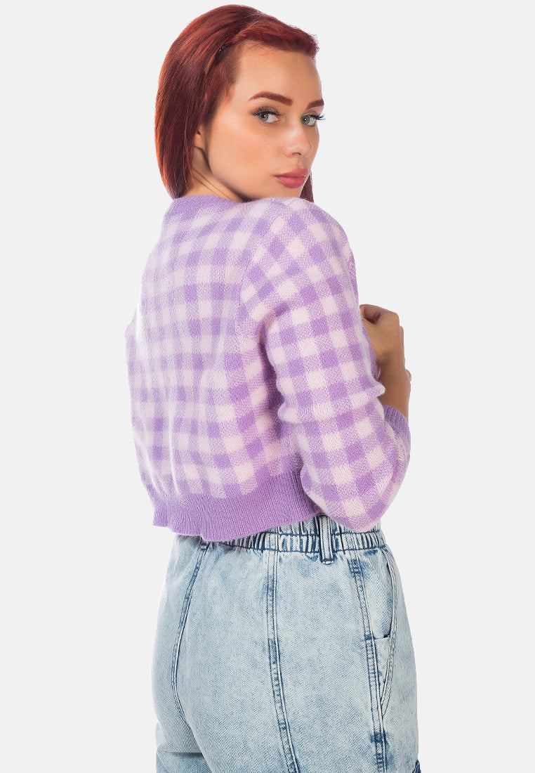 gingham checks full sleeve cropped cardigan#color_purple