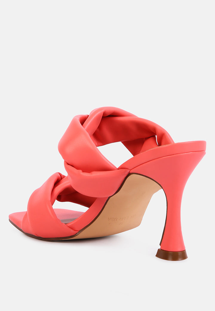 glam girl twisted strap spool heeled sandals#color_coral