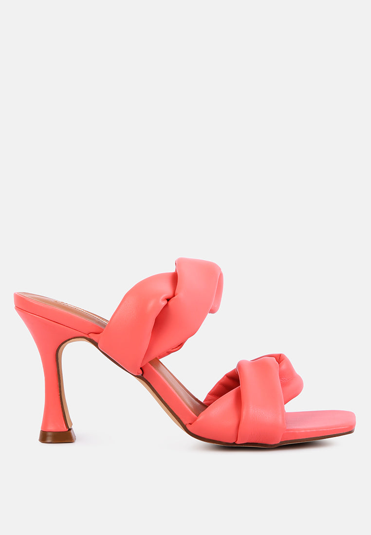 glam girl twisted strap spool heeled sandals#color_coral