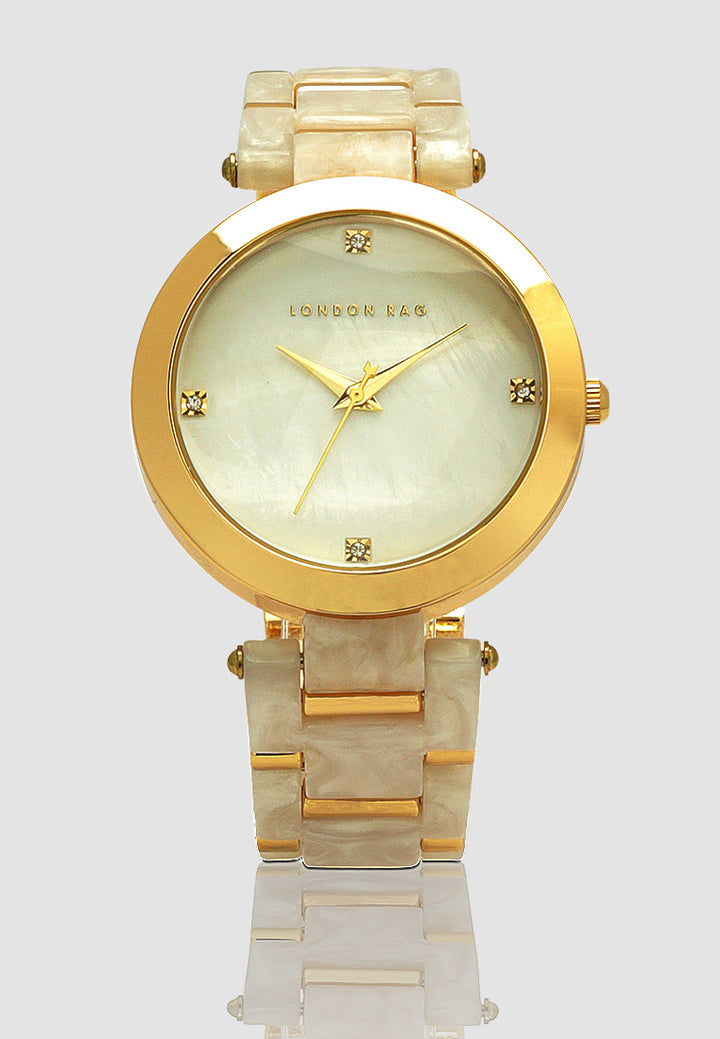 gold white marble finish round dial women's watch#color_golden-white