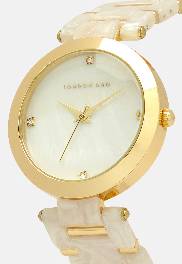 gold white marble finish round dial women's watch#color_golden-white