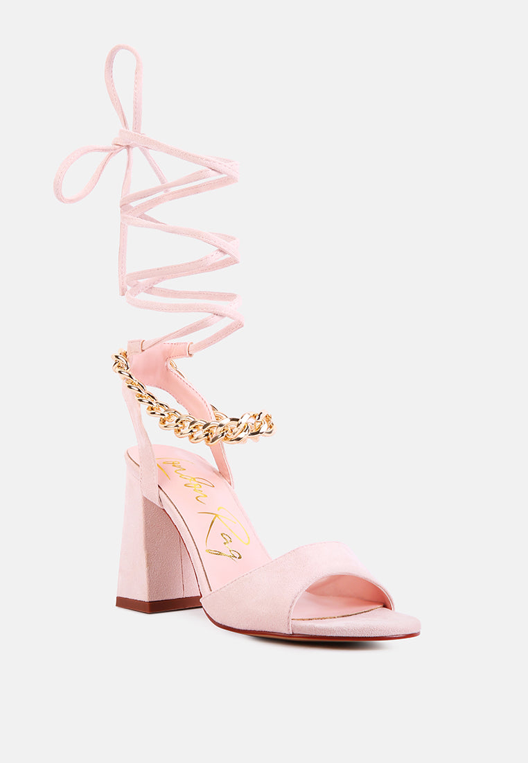 gone gurl chain embellishment tie up block heel sandals#color_peach