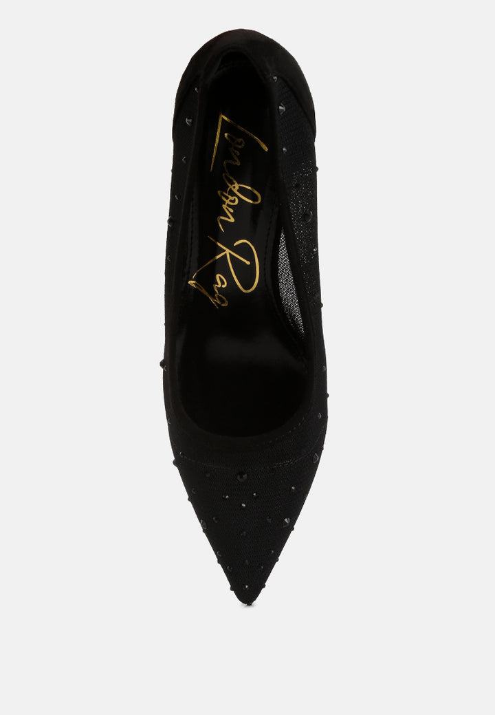 guifaux leatherre rhinestone embellished lace sandals#color_black