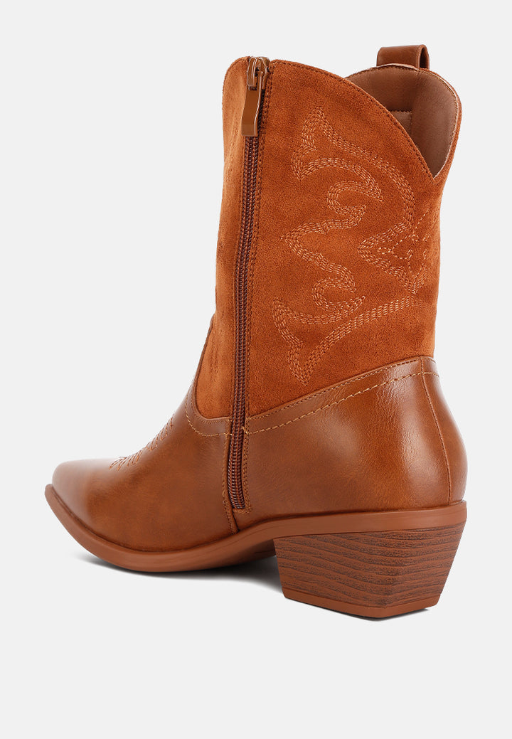 hasting patchwork detail low heel cowboy boots#color_tan
