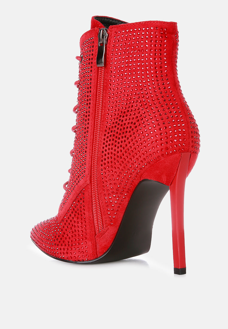 head on faux suede diamante ankle boots#color_red