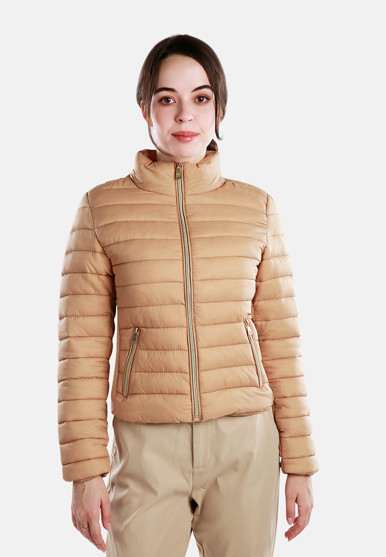 high collar quilted jacket#color_taupe